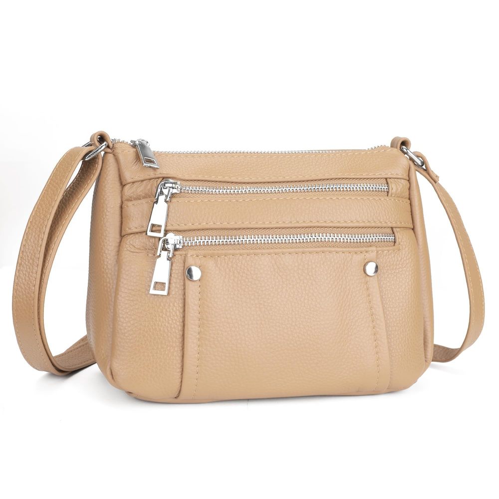 Genuine Leather Small Crossbody Satchel with Multi-Zipper Pockets